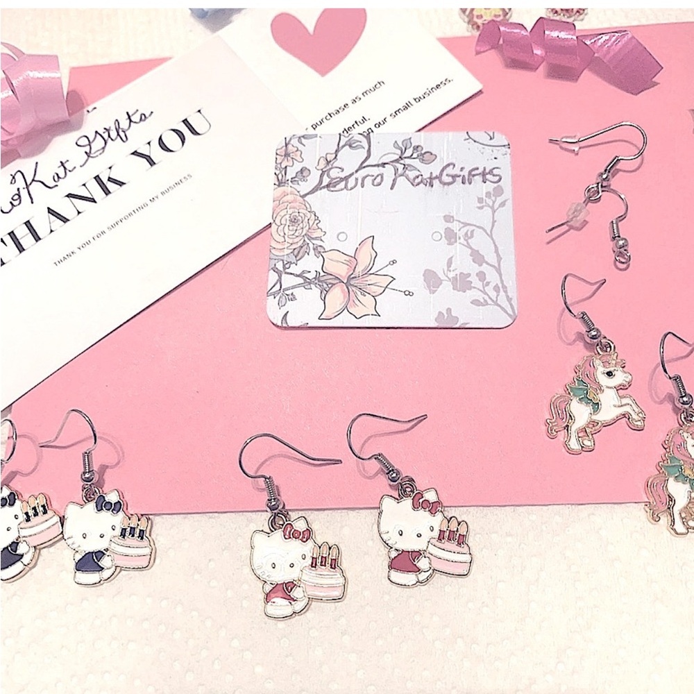 Hello Kitty Birthday Cake Dangle Earrings Anime Cat stainless steel Wires NWT